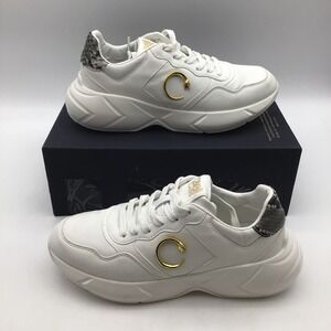 Roberto Cavalli Class Low Top Sneakers White Gold Snake Detail Size EU 40 US 10